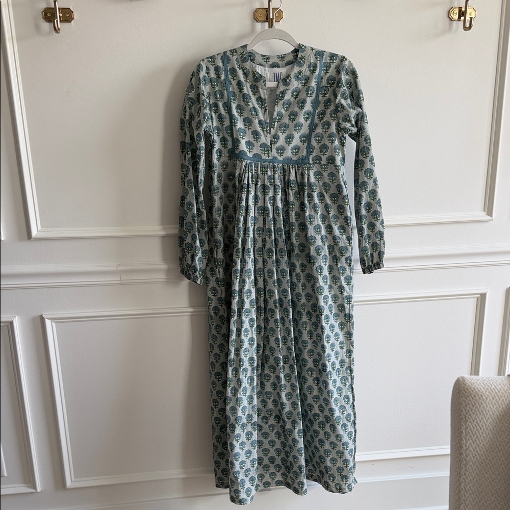 Elegant Blue Patterned Caftan Tunic Midi Dress